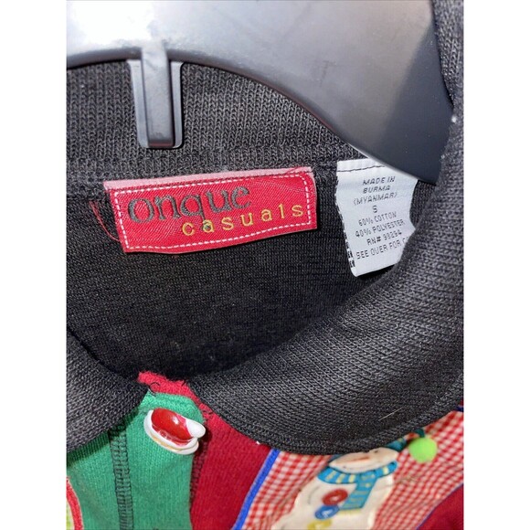 Onque Casuals Women’s Christmas Cardigan Sz Small Black Colorblock Santa Buttons - Picture 2 of 12